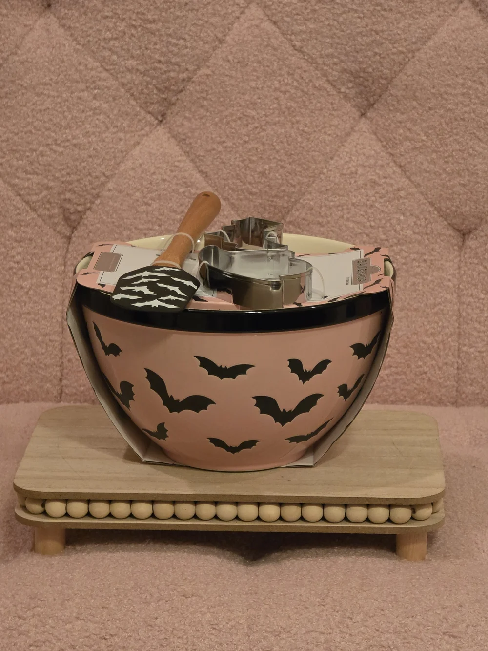 The Bakeshop Pink Bat-Print Mixing Bowl with Utensils